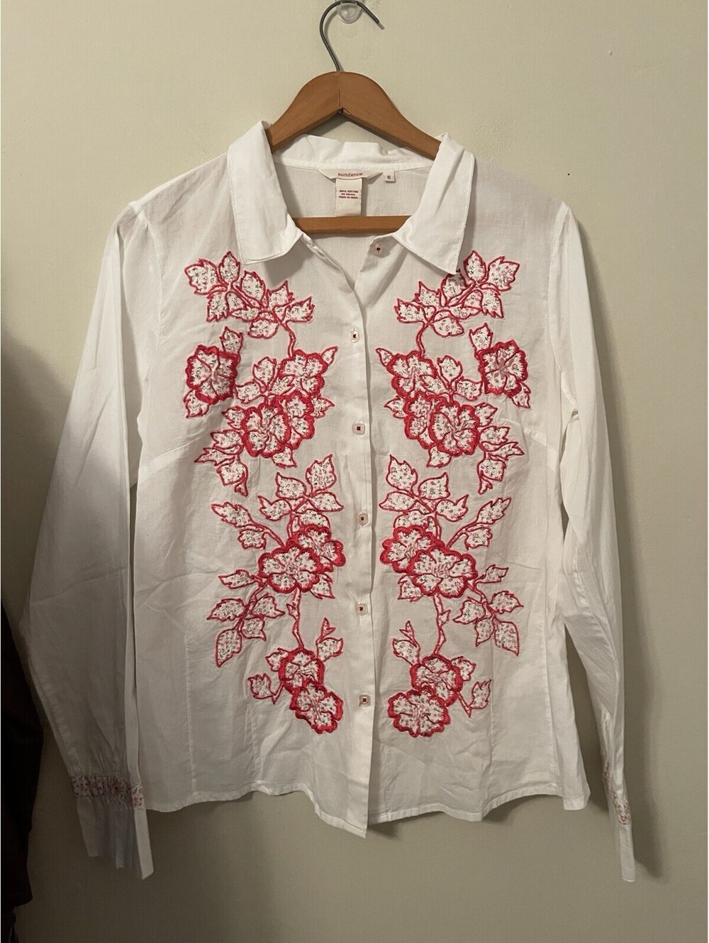 Sundance Shirt Size 6 White Red Floral Embroidered Button Up Top Medium M